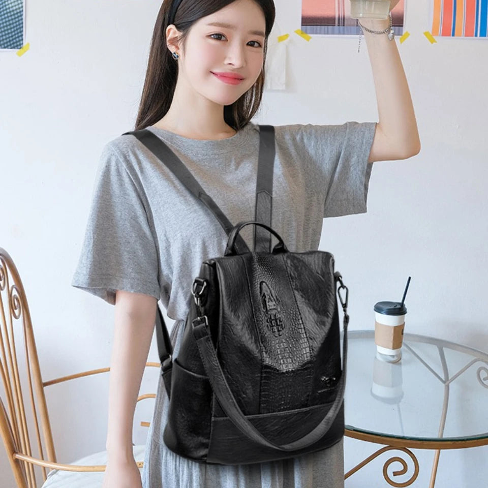 Women's Crocodile Pattern Backpack Leather School Bookbags for Girls Bagpack Large Capacity Designer Travel Rucksack Mochilas